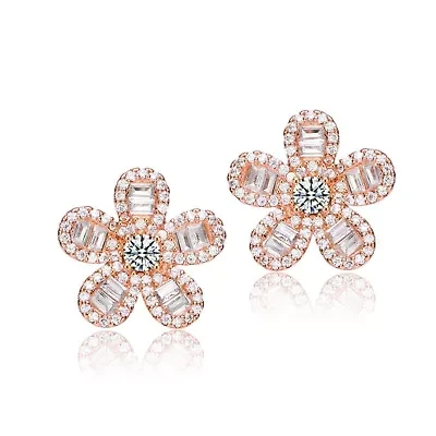 Lab Created Sterling Silver 18K Rose Plated with Clear Cubic Zirconia Flower Stud Earrings