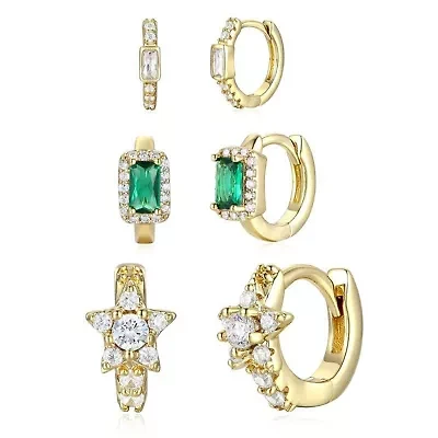 Lab Created Sterling Silver 14K Gold Plated with Emerald & Cubic Zirconia Halo Star 3-Piece Hoop Earrings Set