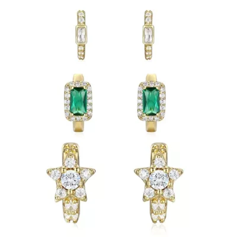 Lab Created Sterling Silver 14K Gold Plated with Emerald & Cubic Zirconia Halo Star 3-Piece Hoop Earrings Set