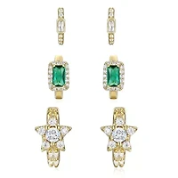 Lab Created Sterling Silver 14K Gold Plated with Emerald & Cubic Zirconia Halo Star 3-Piece Hoop Earrings Set
