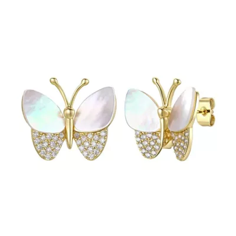 Lab Created Sterling Silver 14K Gold Plated with Mother of Pearl & Cubic Zirconia Butterfly Stud Earrings