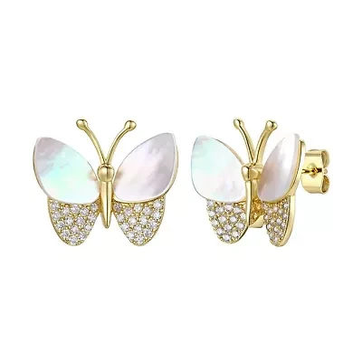 Lab Created Sterling Silver 14K Gold Plated with Mother of Pearl & Cubic Zirconia Butterfly Stud Earrings
