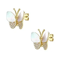 Lab Created Sterling Silver 14K Gold Plated with Mother of Pearl & Cubic Zirconia Butterfly Stud Earrings