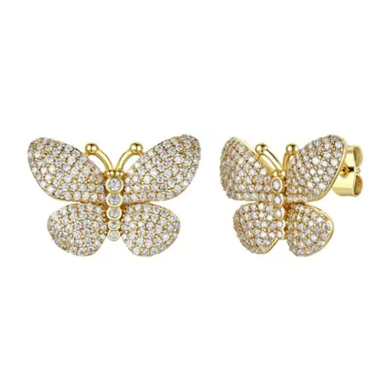 Lab Created Sterling Silver 14K Gold Plated with Clear Cubic Zirconia Butterfly Pave Earrings