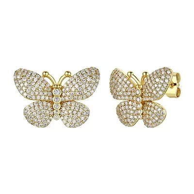 Lab Created Sterling Silver 14K Gold Plated with Clear Cubic Zirconia Butterfly Pave Earrings