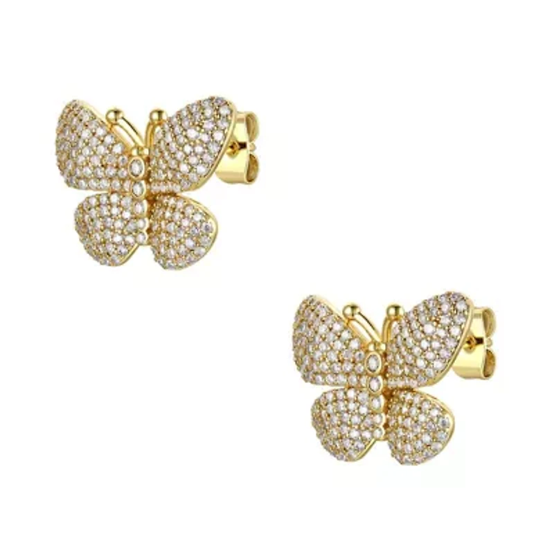 Lab Created Sterling Silver 14K Gold Plated with Clear Cubic Zirconia Butterfly Pave Earrings