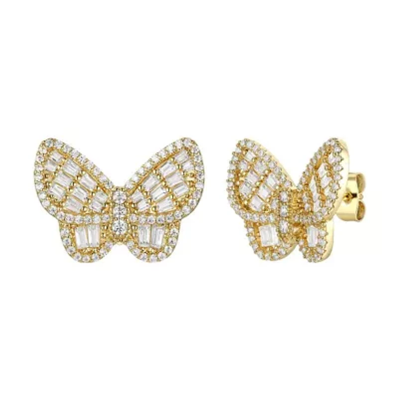 Lab Created Sterling Silver 14K Gold Plated with Clear Cubic Zirconia Clusters Butterfly Stud Earrings