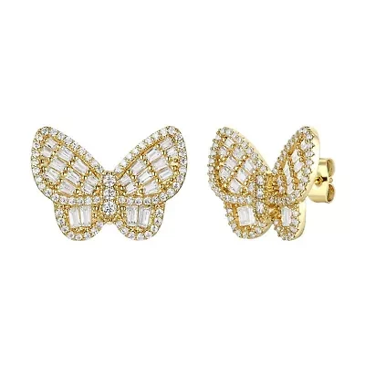 Lab Created Sterling Silver 14K Gold Plated with Clear Cubic Zirconia Clusters Butterfly Stud Earrings