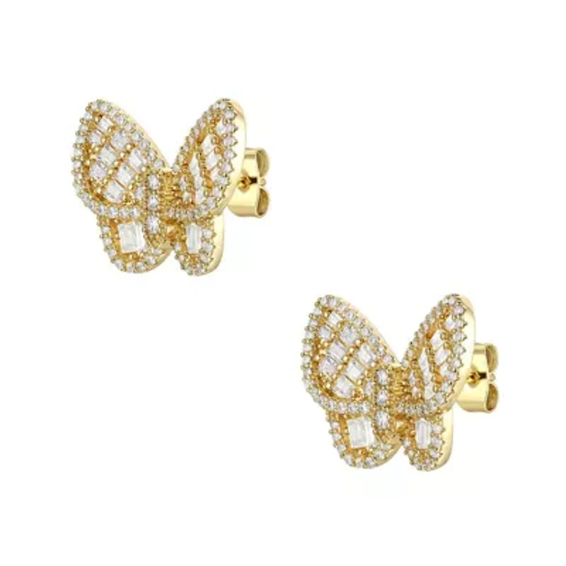 Lab Created Sterling Silver 14K Gold Plated with Clear Cubic Zirconia Clusters Butterfly Stud Earrings