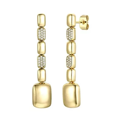 Lab Created Sterling Silver 14K Gold Plated with Clear Cubic Zirconia Rectangle Link Linear Dangle Earrings