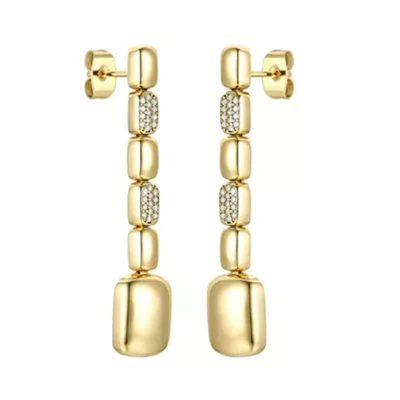 Lab Created Sterling Silver 14K Gold Plated with Clear Cubic Zirconia Rectangle Link Linear Dangle Earrings