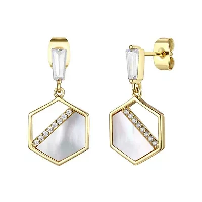 Lab Created Sterling Silver 14K Gold Plated with Mother of Pearl & Cubic Zirconia Hexagon Dangle Earrings
