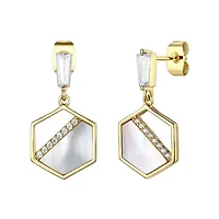Lab Created Sterling Silver 14K Gold Plated with Mother of Pearl & Cubic Zirconia Hexagon Dangle Earrings