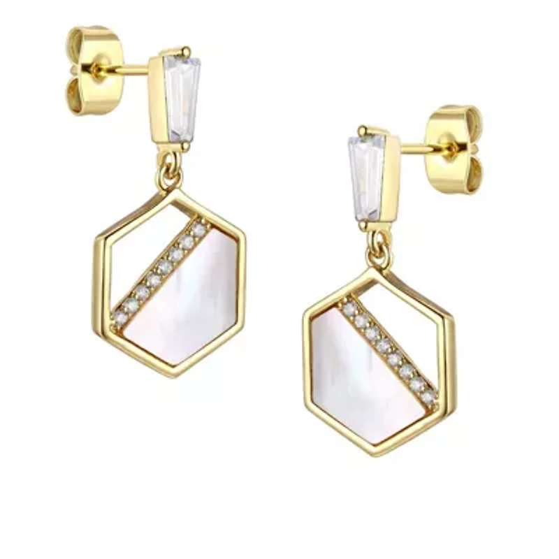 Lab Created Sterling Silver 14K Gold Plated with Mother of Pearl & Cubic Zirconia Hexagon Dangle Earrings