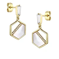 Lab Created Sterling Silver 14K Gold Plated with Mother of Pearl & Cubic Zirconia Hexagon Dangle Earrings