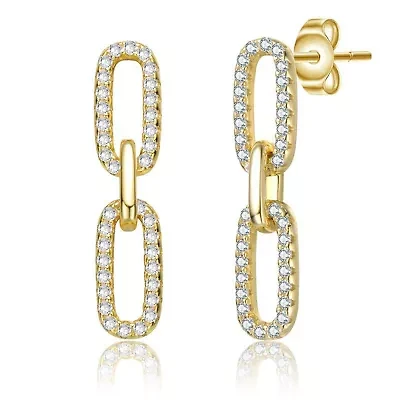 Lab Created Sterling Silver 14K Gold Plated with Cubic Zirconia Triple Link Chain Dangle Earrings