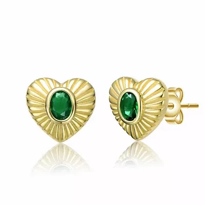 Lab Created Teens Sterling Silver 14K Gold Plated with Emerald Green Cubic Zirconia Sunray Heart Stud Earrings