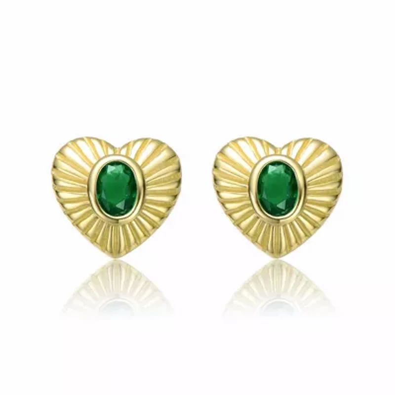 Lab Created Teens Sterling Silver 14K Gold Plated with Emerald Green Cubic Zirconia Sunray Heart Stud Earrings
