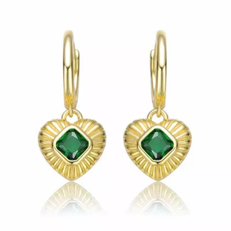 Lab Created Teens Sterling Silver 14K Gold Plated with Emerald Green Cubic Zirconias Dangle Heart Huggie Hoop Earrings