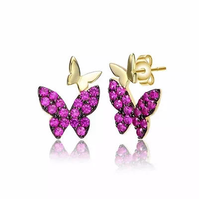 Lab Created Sterling Silver 14K Gold Plated with Ruby Red Cubic Zirconia Double Butterfly Drop Earrings