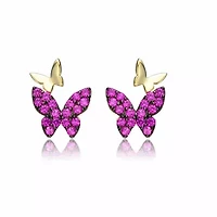 Lab Created Sterling Silver 14K Gold Plated with Ruby Red Cubic Zirconia Double Butterfly Drop Earrings