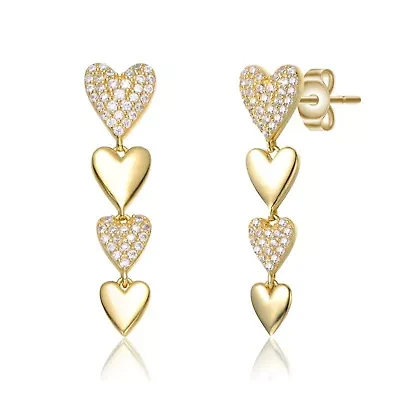 Lab Created Sterling Silver 14K Gold Plated with Clear Cubic Zirconia Double Stampato Heart Dangle Earrings