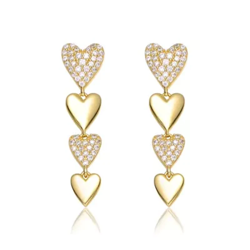 Lab Created Sterling Silver 14K Gold Plated with Clear Cubic Zirconia Double Stampato Heart Dangle Earrings