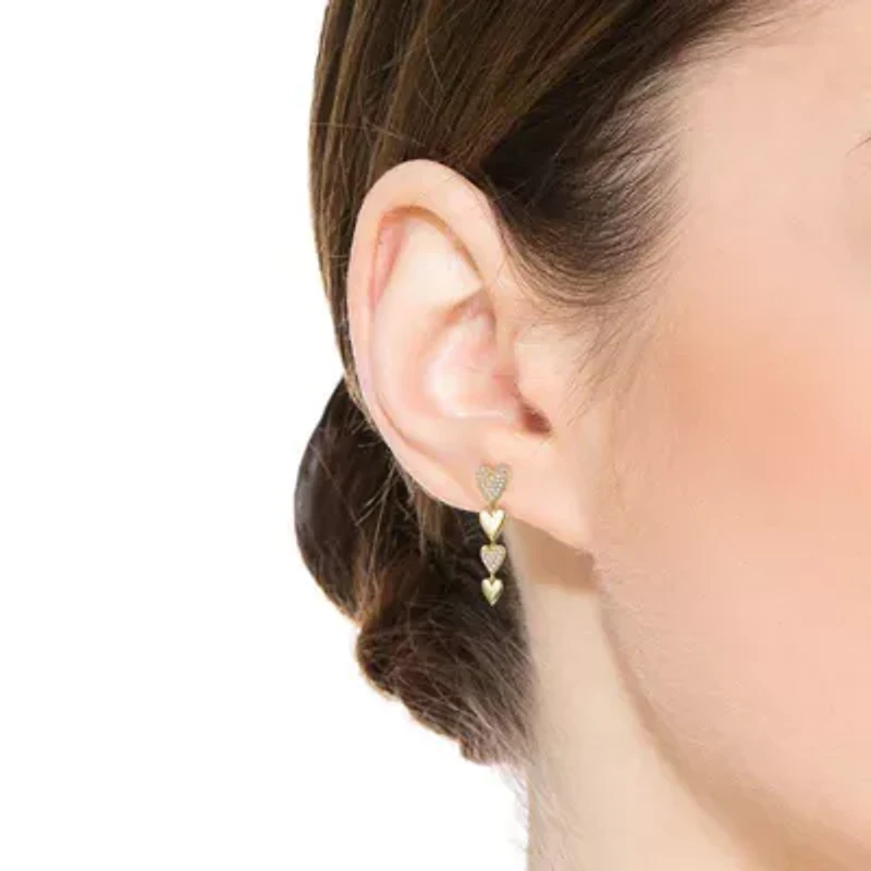 Lab Created Sterling Silver 14K Gold Plated with Clear Cubic Zirconia Double Stampato Heart Dangle Earrings