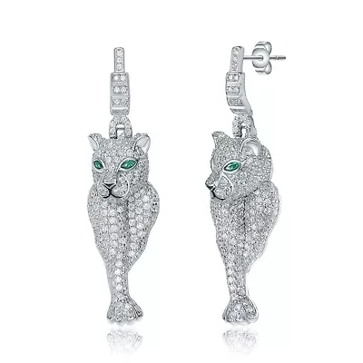 Lab Created Sterling Silver White Gold Plated with Emerald Green Eyes & Clear Cubic Zirconia Panther Drop Earrings