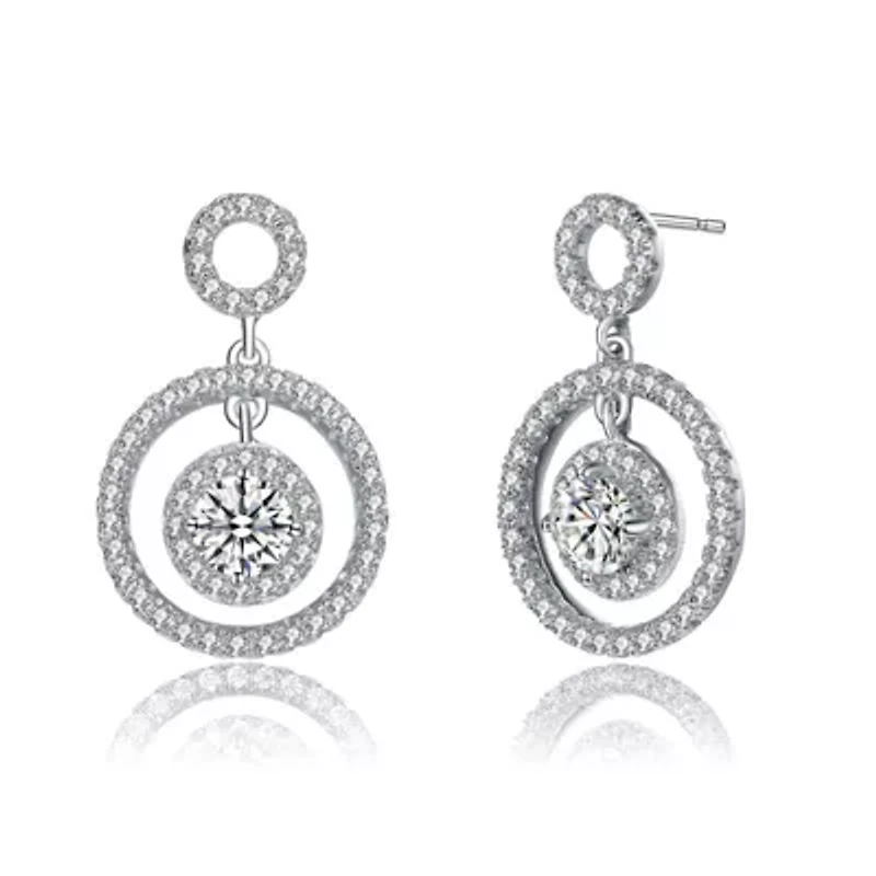 Lab Created Sterling Silver White Gold Plated with Clear Round Cubic Zirconia Halo Drop Earrings