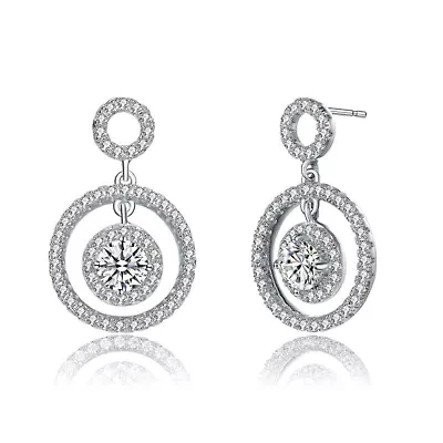 Lab Created Sterling Silver White Gold Plated with Clear Round Cubic Zirconia Halo Drop Earrings