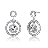 Lab Created Sterling Silver White Gold Plated with Clear Round Cubic Zirconia Halo Drop Earrings