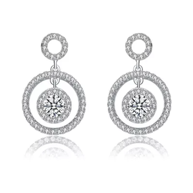 Lab Created Sterling Silver White Gold Plated with Clear Round Cubic Zirconia Halo Drop Earrings