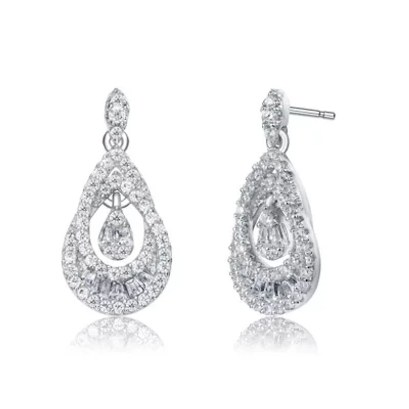 Lab Created Sterling Silver White Gold Plated with Clear Round Cubic Zirconia Double Pear Drop Earrings