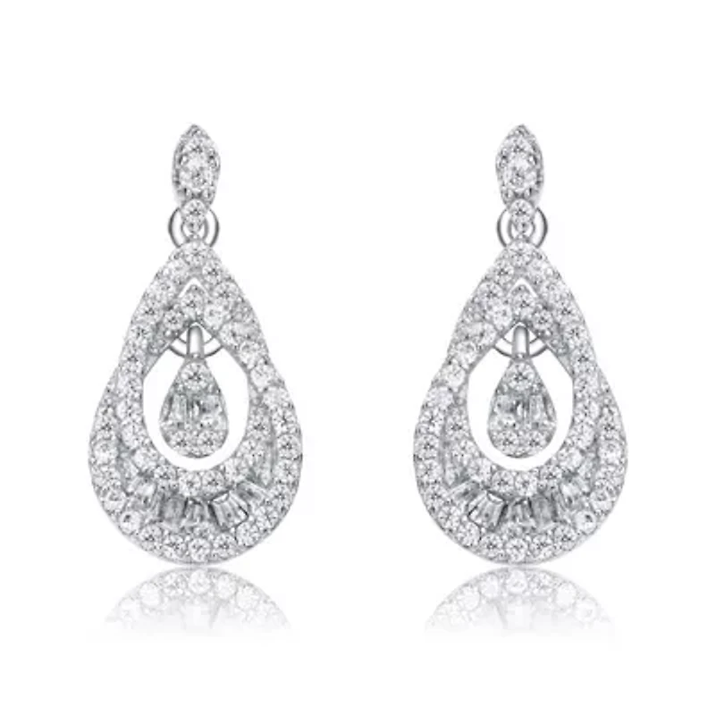 Lab Created Sterling Silver White Gold Plated with Clear Round Cubic Zirconia Double Pear Drop Earrings