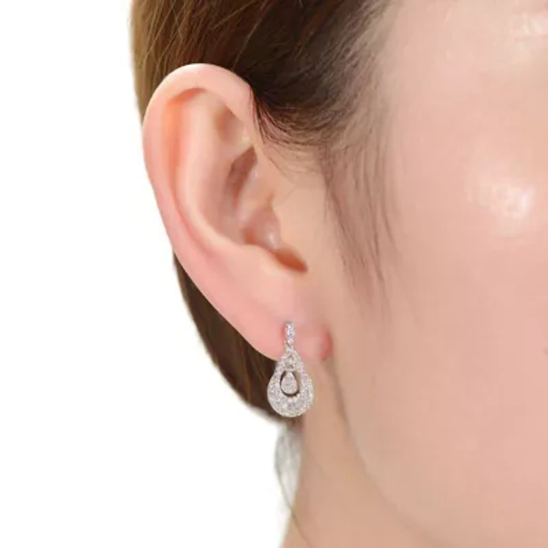 Lab Created Sterling Silver White Gold Plated with Clear Round Cubic Zirconia Double Pear Drop Earrings