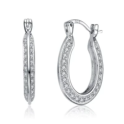 Lab Created Sterling Silver White Gold Plated with Clear Cubic Zirconia Horseshoe Hoop Earrings