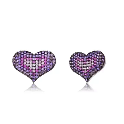 Lab Created Teens Sterling Silver Black Plated with Multi Colored Cubic Zirconia Heart Stud Earrings
