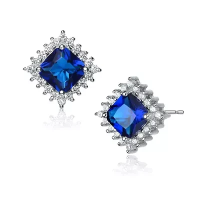 Lab Created Sterling Silver White Gold Plated with Sapphire Blue Cubic Zirconia Sapphire Square Shape Earrings