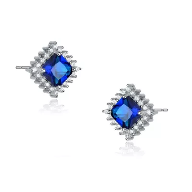 Lab Created Sterling Silver White Gold Plated with Sapphire Blue Cubic Zirconia Sapphire Square Shape Earrings