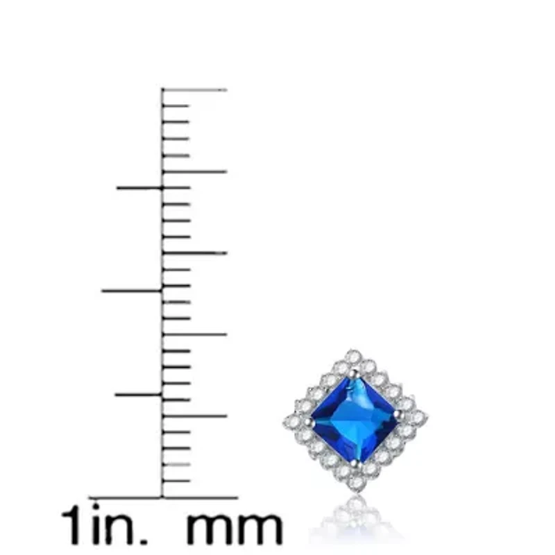 Lab Created Sterling Silver White Gold Plated with Sapphire Blue Cubic Zirconia Sapphire Square Shape Earrings