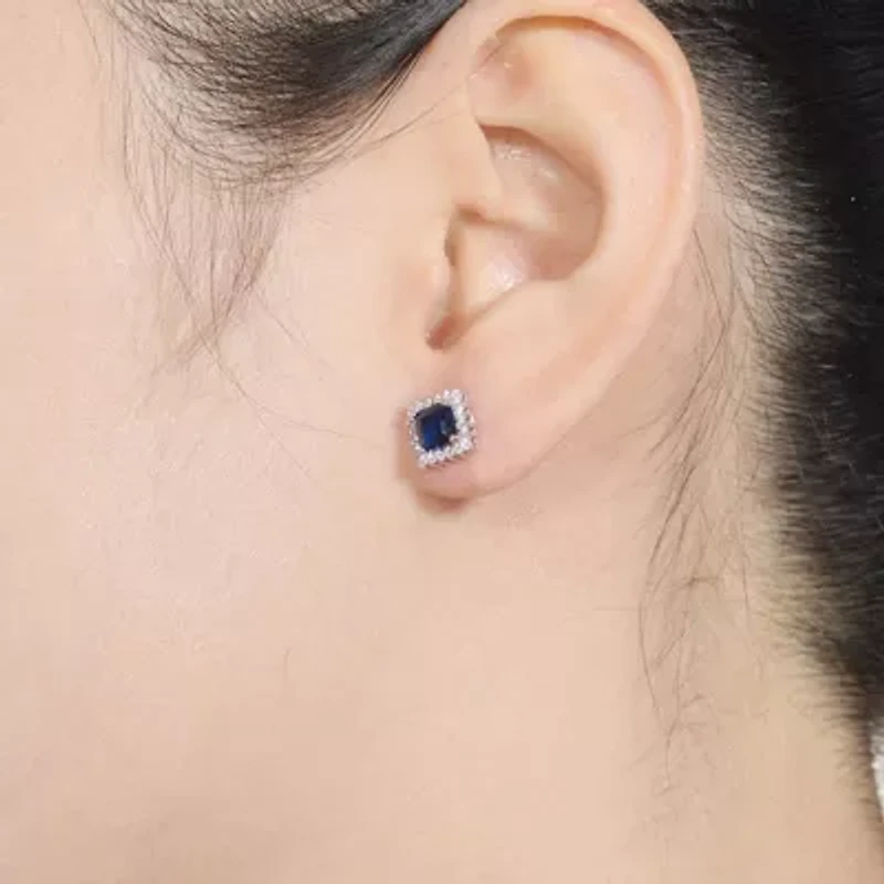 Lab Created Sterling Silver White Gold Plated with Sapphire Blue Cubic Zirconia Sapphire Square Shape Earrings