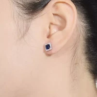 Lab Created Sterling Silver White Gold Plated with Sapphire Blue Cubic Zirconia Sapphire Square Shape Earrings