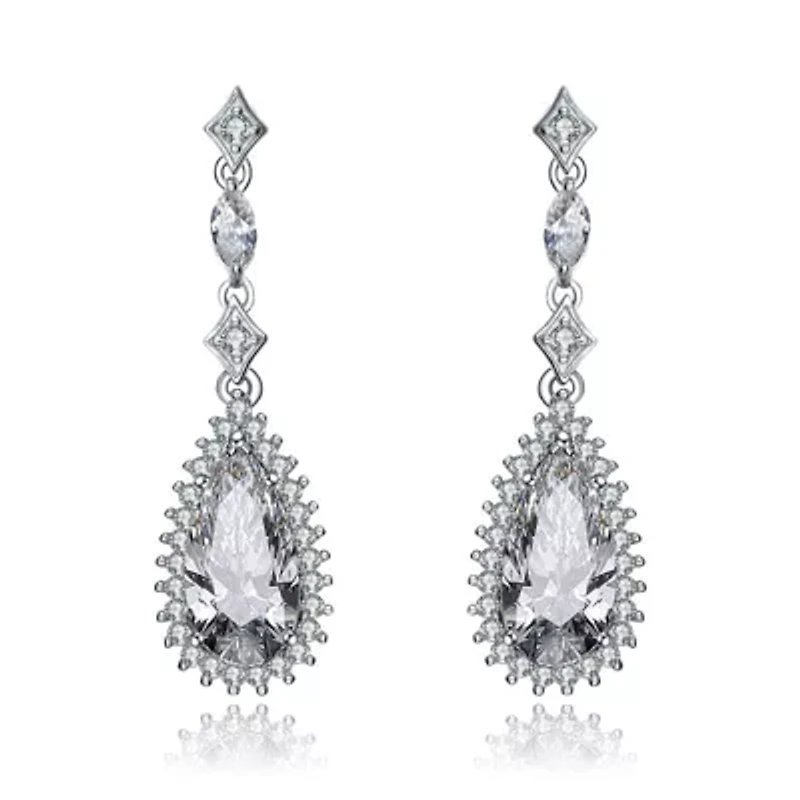 Lab Created Sterling Silver White Gold Plated with Clear Pear Cubic Zirconia Halo Drop Earrings
