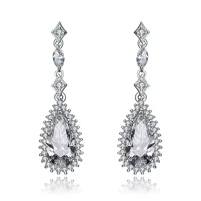 Lab Created Sterling Silver White Gold Plated with Clear Pear Cubic Zirconia Halo Drop Earrings