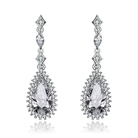 Lab Created Sterling Silver White Gold Plated with Clear Pear Cubic Zirconia Halo Drop Earrings