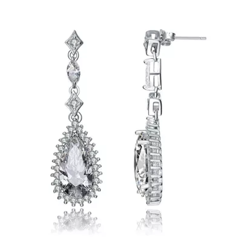 Lab Created Sterling Silver White Gold Plated with Clear Pear Cubic Zirconia Halo Drop Earrings