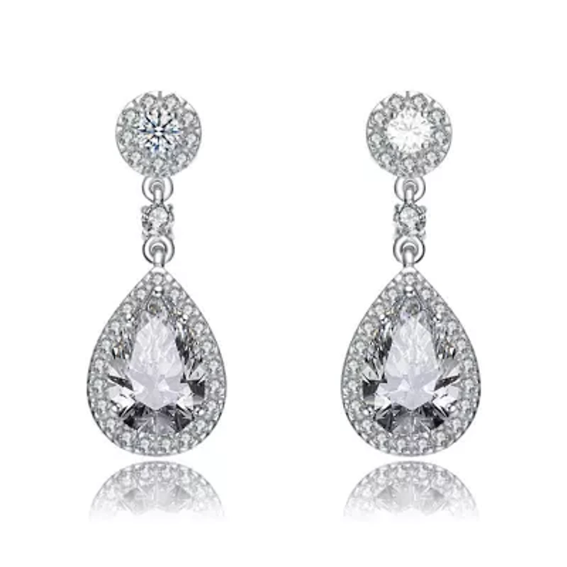 Lab Created Sterling Silver White Gold Plated with Clear Pear Cubic Zirconia Drop Earrings