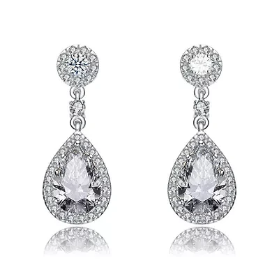 Lab Created Sterling Silver White Gold Plated with Clear Pear Cubic Zirconia Drop Earrings