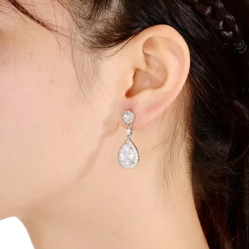 Lab Created Sterling Silver White Gold Plated with Clear Pear Cubic Zirconia Drop Earrings